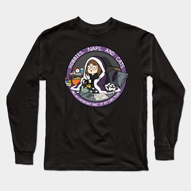 Hobbies, Naps, and Cats (Purple) Long Sleeve T-Shirt by InsomniaDoodles